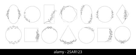 Cadre Laurel. Couronne de fleurs vintage dessinée à la main avec branches d'olivier et feuilles. Ensemble élégant de bordures d'invitation de mariage. Eléments floraux décoratifs. Modèles de bannières vierges géométriques de contour vectoriel. Cadre Laurel. Couronne de fleurs vintage dessinée à la main avec des branches et des feuilles. Ensemble élégant de bordures d'invitation de mariage. Eléments floraux décoratifs. Modèles de bannières vierges géométriques vectorielles Illustration de Vecteur