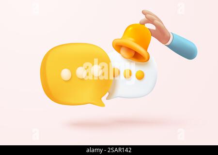 Icône de cloche de notification 3D minimale avec le discours de bulle flottant autour sur fond pastel. nouveau concept d'alerte pour l'élément de médias sociaux. icône d'alarme de cloche 3d pour illustration de rendu de vecteur de message Illustration de Vecteur