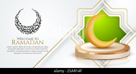 fond islamique blanc. bienvenue à ramadan kareem calligraphie islamique arabe. carte de voeux avec lune 3d. Illustration de Vecteur