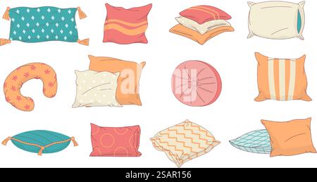 Coussin de dessin animé. Elément décoratif textile de décoration intérieure. Oreillers de couchage carrés et rectangulaires pour lit et canapé. Accessoire confort isolé chambre ou salon. Ensemble de literie en plumes vectorielles. Coussin de dessin animé. Elément décoratif textile de décoration intérieure. Oreillers de couchage carrés et rectangulaires pour lit et canapé. Accessoire confort chambre ou salon. Ensemble de literie Vector Illustration de Vecteur