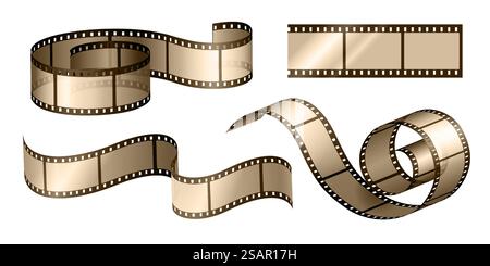 Bande de film cinématographique. Cadre pour rouleau de film cinématographique perforé. Bordure de ruban en celluloïd photographique négatif rétro. Ruban vierge à boucles isolées pour appareil photo. Jeu de modèles de bobines de cinématographie vectorielle. Bande de film cinématographique. Cadre pour rouleau de film cinématographique perforé. Bordure de ruban en celluloïd photographique négatif rétro. Ruban d'appareil photo enroulé isolé. Jeu de bobines de cinématographie vectorielle Illustration de Vecteur