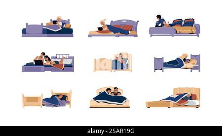 Personnes au lit. Personnages de dessins animés couchés sur le matelas. Personnes lisant travaillant et jouant dans la chambre. Jeune homme et femme avec téléphone portable et ordinateur portable. Addiction numérique. Concept de trouble du sommeil vectoriel. Personnes au lit. Personnages de dessins animés couchés sur le matelas. Personnes lisant travaillant et jouant dans la chambre. Homme et femme avec téléphone et ordinateur portable. Addiction numérique. Concept de trouble du sommeil vectoriel Illustration de Vecteur