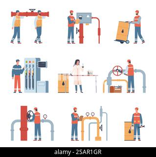 Travailleurs de l'industrie pétrolière. Personnages de travailleurs du gaz et du pétrole. Ingénieurs professionnels en uniforme, employé chimique, entretien de pipeline, inspection technique, ensemble isolé de style plat de dessin animé vectoriel. Travailleurs de l'industrie pétrolière. Personnages de travailleurs du gaz et du pétrole. Ingénieurs professionnels en uniforme, employé chimique, entretien de pipeline, inspection technique, ensemble isolé de vecteur Illustration de Vecteur