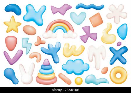 Symboles enfantins mignons Mega Set dans un design réaliste 3D. Éléments de faisceau de coeur, arc-en-ciel, étoile, fleur, lapin, nuage, pyramide et autres formes colorées. Illustration vectorielle d'objets graphiques isolés Illustration de Vecteur