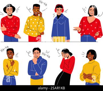 Riant les gens. Personnages souriants joyeux, émotions positives, hommes et femmes s'amusant, réactions de plaisanterie, expressions heureuses, gestes et poses de personnes joyeuses, ensemble isolé plat de dessin animé moderne vectoriel. Riant les gens. Personnages souriants joyeux, émotions positives, hommes et femmes s'amusant, réactions de plaisanterie, expressions heureuses, gestes et poses de personnes joyeuses, ensemble isolé de dessin animé vectoriel Illustration de Vecteur