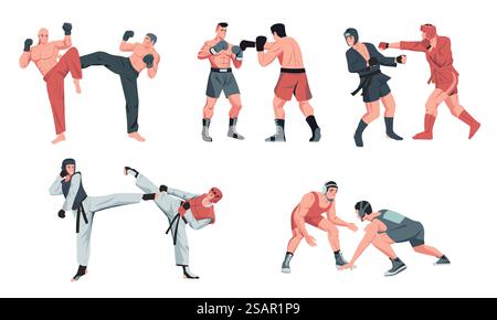 Sparring. Arts martiaux personnages compétitifs de combat, de boxe et d'entraînement, athlètes musclés dans le style de dessin animé d'entraînement de combat de position de combat de combat. Ensemble vectoriel de taekwondo sparring illustration. Sparring. Arts martiaux personnages compétitifs de combat, de boxe et d'entraînement, athlètes musclés dans le style de dessin animé d'entraînement de combat de position de combat de combat. Ensemble de vecteurs Illustration de Vecteur