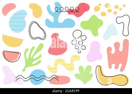 Formes abstraites et bulles Mega Set dans la conception de dessin animé plat. Éléments de faisceau de boules ondulées colorées doodle, boules décoratives irrégulières avec des bordures de ligne. Illustration vectorielle d'objets graphiques isolés Illustration de Vecteur