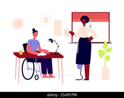 Femmes handicapées travaillant dans le bureau. Vecteur femme handicapée communication dans l'illustration de bureau de salle, prothèse et fauteuil roulant. Femmes handicapées travaillant dans le bureau Illustration de Vecteur