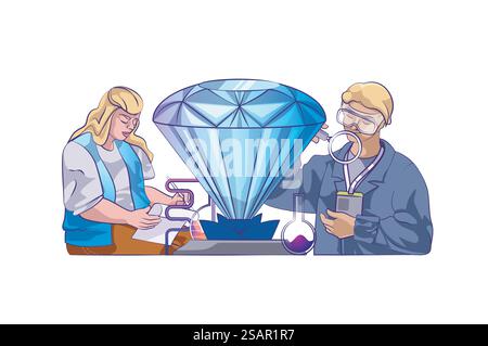 Concept de recherche et d'analyse avec scène de personnes dans la conception de dessin animé plat pour le web. Les scientifiques examinent le diamant, travaillant en laboratoire. Illustration vectorielle pour bannière de médias sociaux, matériel marketing. Illustration de Vecteur