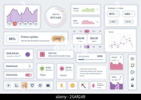 Eléments d'interface utilisateur définis pour l'application mobile de crypto-monnaie. Modèle de kit avec diagrammes HUD, informations sur les bénéfices, change de devises, graphique minier, banque. Pack d'écrans UI, UX, GUI. Composants vectoriels. Illustration de Vecteur