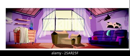 Bannière de fond de chambre sale grenier dans la conception de dessin animé plat. Affiche intérieure de l'appartement avec grande fenêtre, vieux canapé et boîtes en carton poussiéreux, commode, trou et fissures sur le mur en désordre. Illustration vectorielle Illustration de Vecteur
