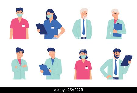 Médecins en manteaux blancs portrait set avatar. Vecteur avatar docteur en uniforme, hôpital et illustration de profession de clinique. Médecins en manteaux blancs portrait set avatar Illustration de Vecteur