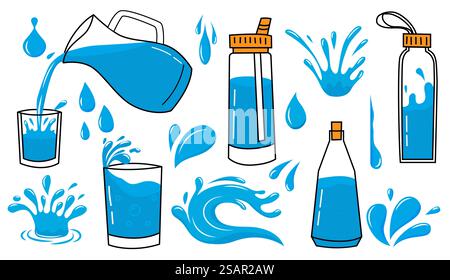 Icône d'eau griffonnée. Éclaboussures et gouttes de liquide de dessin animé. Bouteille ou verres avec de l'aqua pur boire. Emballage de recyclage dessiné à la main. Gouttes tombantes bleues. Verser une boisson dans la verseuse. Jeu d'éclaboussures de fluide vectoriel. Icône d'eau griffonnée. Éclaboussures et gouttes de liquide. Bouteille ou verres avec aqua à boire. Emballage de recyclage dessiné à la main. Chutes de gouttes. Verser une boisson dans la verseuse. Jeu d'éclaboussures de fluide vectoriel Illustration de Vecteur