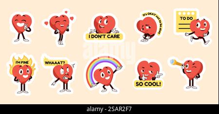 Autocollants coeur. Valentine emoji personnages mignons avec des émotions drôles, des mains et des jambes. Collection de badges romantiques. Souriant amour mascottes poses et expressions. Vecteur isolé kawaii amour ensemble d'émoticônes. Autocollants coeur. Personnages emoji Valentine avec des émotions drôles, des mains et des jambes. Collection de badges romantiques. Souriant amour mascottes poses et expressions. Ensemble d'émoticônes amour kawaii vecteur Illustration de Vecteur