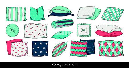 Croquis d'oreillers décorés. Collection de coussins de plumes dessinés à la main de dessin animé avec des motifs de doodle. Tissu décoratif doux pour canapé ou lit. Accessoire intérieur chambre et salon. Ensemble de literie confortable Vector. Croquis d'oreillers décorés. Collection de coussins dessinés à la main de dessin animé avec des motifs de doodle. Tissu décoratif doux pour canapé ou lit. Accessoire intérieur chambre et salon. Ensemble de literie vectoriel Illustration de Vecteur