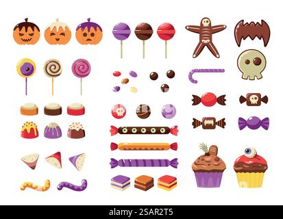 Desserts d'Halloween. Astuce colorée ou friandises pour les enfants, barre de bonbons de dessin animé décorée avec des éléments effrayants pour la fête traditionnelle d'octobre. Ensemble de vecteurs. Biscuits effrayants en forme de squelette, crâne. Desserts d'Halloween. Astuce colorée ou friandises pour les enfants, barre de bonbons de dessin animé décorée avec des éléments effrayants pour la fête traditionnelle d'octobre. Ensemble de vecteurs Illustration de Vecteur