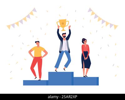 Gagnants gens. Équipe des employés de bureau, vainqueur réussi debout sur le podium. Homme gagnant la première place tenant le trophée et célébrant sur le piédestal, collègues ayant l'illustration vectorielle de récompense. Gagnants gens. Équipe des employés de bureau, vainqueur réussi debout sur le podium. Homme gagnant la première place tenant le trophée Illustration de Vecteur