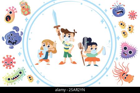 Les enfants combattent les virus. Enfants de dessins animés luttant contre le COVID et les bactéries de la grippe. Concept de protection de l'immunité. Micro-organismes pathogènes. Mignons garçons et filles dans le dôme protecteur. Illustration vectorielle. Les enfants combattent les virus. Les enfants luttent contre les bactéries COVID et grippales. Concept de protection de l'immunité. Micro-organismes pathogènes. Garçons et filles dans le dôme protecteur. Illustration vectorielle Illustration de Vecteur