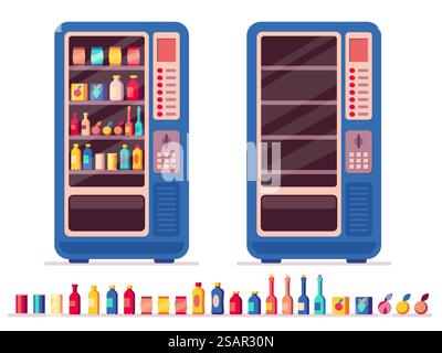 Distributeur automatique complet. Distributeur automatique de collations et de boissons avec collations et boissons, produits frais froids et chauds. Distributeur automatique vectoriel avec collations et boissons. Acheter de la nourriture et des boissons. Distributeur automatique complet. Distributeur automatique de collations et de boissons avec collations et boissons, produits frais froids et chauds. Distributeur automatique vectoriel avec collations et boissons Illustration de Vecteur