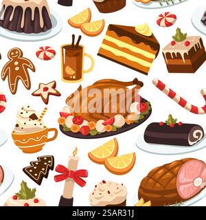 Motif de nourriture de Noël. Impression sans couture de dinde traditionnelle et de desserts, joyeux repas de vacances avec champagne et gâteau. Texture vectorielle. Délicieux plats faits maison avec de la viande et des bonbons. Motif de nourriture de Noël. Impression sans couture de dinde traditionnelle et de desserts, joyeux repas de vacances avec champagne et gâteau. Texture vectorielle Illustration de Vecteur