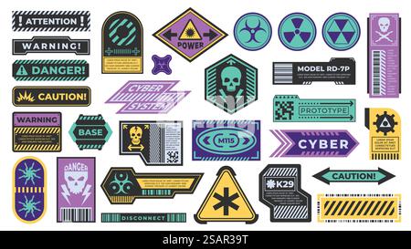 Autocollant Cyberpunk. Etiquette d'avertissement pour la sécurité ou l'avertissement, design rerto-futuriste à rayures noires avec attention industrielle et signe de danger. Ensemble isolé de vecteur d'illustration de conception de danger cyberpunk. Autocollant Cyberpunk. Etiquette d'avertissement pour la sécurité ou l'avertissement, design rerto-futuriste à rayures noires avec attention industrielle et signe de danger. Ensemble isolé de vecteur Illustration de Vecteur