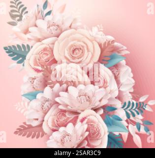 Décorations de fleurs roses en papier rose clair dans l'illustration 3D. Décorations de fleurs roses en papier Illustration de Vecteur