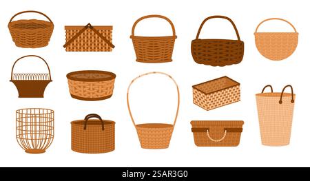 Paniers en osier. Récipients en paille tissée faits à la main pour l'épicerie, paniers de pique-nique ruraux traditionnels pour l'emballage écologique. Ensemble de vecteurs. Accessoire artisanal écologique pour le transport de produits. Paniers en osier. Récipients en paille tissée faits à la main pour l'épicerie, paniers de pique-nique ruraux traditionnels pour l'emballage écologique. Ensemble de vecteurs Illustration de Vecteur