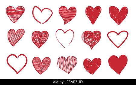 Icônes de gribouillage de coeur. Symboles rouges romantiques pour l'invitation de la Saint-Valentin et les cartes de voeux. Eléments décoratifs dessinés à la main. Contours ou esquisses peintes. Signes d'amour de style crayon enfantin. Ensemble isolé de vecteur. Icônes de gribouillage de coeur. Symboles rouges romantiques pour l'invitation de la Saint-Valentin et les cartes de voeux. Eléments décoratifs dessinés à la main. Contours ou esquisses peintes. Signes d'amour de style crayon, ensemble vectoriel Illustration de Vecteur