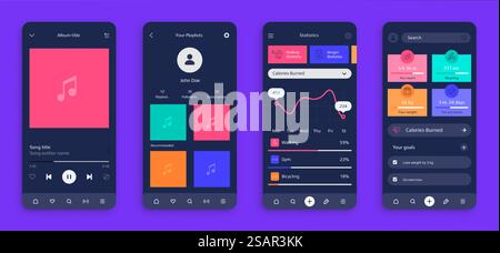 Interface utilisateur mobile. Des écrans de smartphone réalistes. Conception d'interface moderne pour les applications musicales et de fitness. Lecteur de musique et statistiques sportives. Maquettes d'affichage sombres avec infographie et boutons, ensemble vectoriel. Interface utilisateur mobile. Des écrans de smartphone réalistes. Conception d'interface pour des applications musicales et de fitness. Lecteur de musique et statistiques sportives. Afficher les maquettes avec infographie et boutons, ensemble vectoriel Illustration de Vecteur