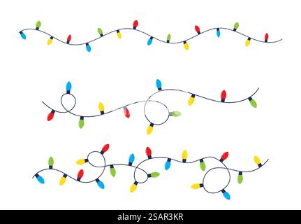 Lumières de couleur de Noël isolées sur fond blanc. Décoration de guirlande lumineuse colorée. Ampoule lumineuse pour cartes de Noël, bannières, affiches, web. Eléments de conception. Illustration vectorielle.. Lumières colorées de Noël Illustration de Vecteur