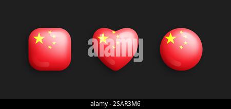 Drapeau national officiel de la Chine icônes brillantes vectorielles 3D en forme de carré arrondi, de coeur et de cercle isolé sur fond. Signes chinois et symboles éléments de conception graphique Collection de boutons volumétriques. Drapeau national officiel de la Chine icônes brillantes 3D vecteur isolé sur fond noir Illustration de Vecteur