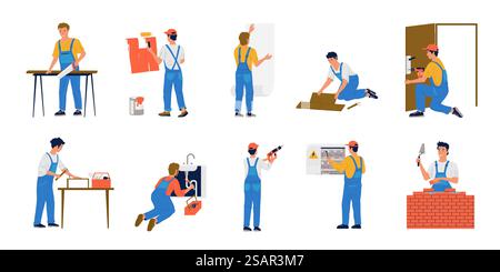 Réparateurs à domicile. Entretien de maison de dessins animés. La brigade de construction fait rénovation. Peintre colle le papier peint et ouvrier construit le mur de briques. Le plombier travaille avec les égouts. Ensemble réparateur isolé de vecteur. Réparateurs à domicile. Entretien de la maison. La brigade de construction fait rénovation. Peintre colle le papier peint et ouvrier construit le mur de briques. Le plombier travaille avec les égouts. Set de réparateurs vectoriels Illustration de Vecteur