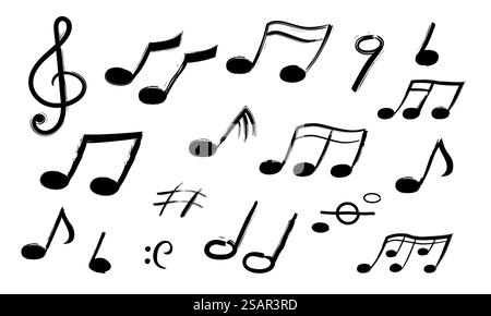 Notes de musique. Symboles sonores dessinés à la main. Enregistrement mélodique. Collection de signes musicaux isolés. Icônes noires décoratives de contour pour les musiciens. Modèles d'encre abstraits, ensemble plat minimaliste vectoriel. Notes de musique. Symboles sonores dessinés à la main. Enregistrement mélodique. Collection de signes musicaux isolés. Icônes décoratives de contour pour les musiciens. Modèles d'encre abstraits, ensemble minimaliste vectoriel Illustration de Vecteur