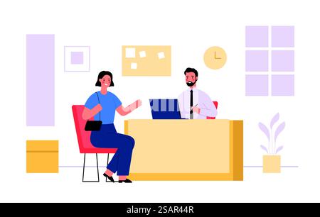 Employés et clients des services bancaires. Directeur financier assis à son bureau et consultant le client. Ouverture de compte pour personnage féminin. Assistant professionnel de dessin animé un vecteur de lieu de travail. 2302 m10 S ST employés et clients des services bancaires Illustration de Vecteur