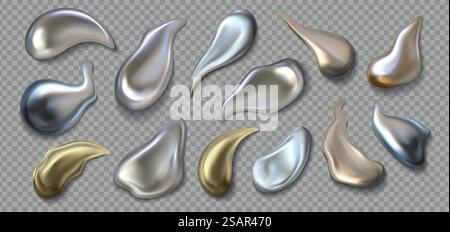 Métal liquide. Maculage chromé 3D réaliste. Texture fondue argentée ou dorée. Gouttes de mercure isolées sur fond transparent. Jeu de gouttelettes de perles fluides, modèles de peinture métallique. Blob gris brillant vectoriel. Métal liquide. Maculage chromé 3D réaliste. Texture fondue argentée ou dorée. Gouttes de mercure sur fond transparent. Ensemble de gouttelettes de perles fluides, peinture métallisée. Blob gris brillant vectoriel Illustration de Vecteur