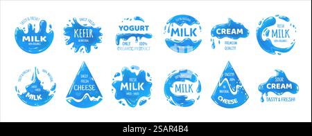 Logo des produits laitiers. Modèle d'étiquettes d'emballage de fromage, de crème et de yogourt. Jeu d'autocollants bleus isolés pour marquer les récipients alimentaires. Emblèmes avec des éclaboussures et des gouttes. Boissons fraîches biologiques naturelles vectorielles. Logo des produits laitiers. Étiquettes d'emballage de fromage, crème et yaourt. Jeu d'autocollants bleus isolés pour marquer les récipients alimentaires. Emblèmes avec des éclaboussures et des gouttes. Boissons biologiques naturelles vectorielles Illustration de Vecteur