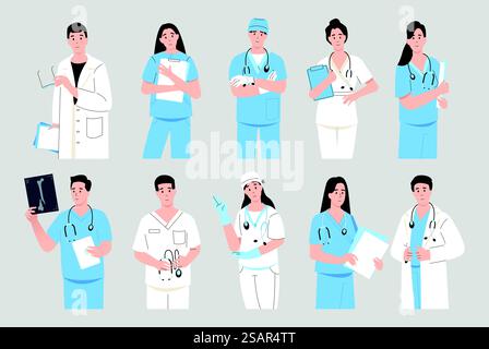 Portraits de médecins. Praticiens médicaux de dessins animés en uniforme bleu et blanc et avec des stéthoscopes, des trucs de médecins de clinique médicale. Ensemble de vecteurs. Personnages homme et femme avec équipement médical. Portraits de médecins. Praticiens médicaux de dessins animés en uniforme bleu et blanc et avec des stéthoscopes, des trucs de médecins de clinique médicale. Ensemble de vecteurs Illustration de Vecteur