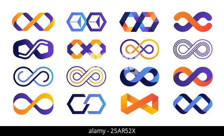 Logo Infinite. Ruban Mobius coloré et symboles géométriques éternels. Emblèmes minimaux d'affaires illimités bleus et orange. Modèles de signes de boucle de répétition isolés. Ensemble d'éléments de ligne sans fin vectoriels. Logo Infinite. Ruban Mobius coloré et symboles géométriques éternels. Emblèmes commerciaux illimités bleus et orange. Modèles de signes de répétition isolés. Ensemble d'éléments de ligne sans fin vectoriels Illustration de Vecteur