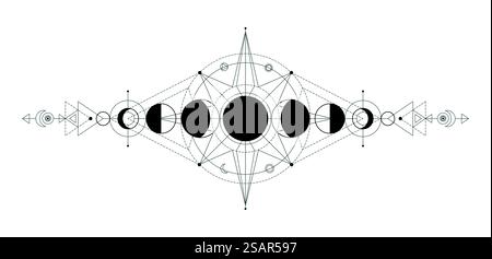 Phases de lune. Astrologie symboles célestes. Pictogramme noir et blanc mystique. Esquisse de contour abstrait du cycle lunaire. Tatouage occulte décoratif, signe de ligne cosmique. Icône spatiale mystérieuse de gravure vectorielle. Phases de lune. Astrologie symboles célestes. Pictogramme noir et blanc mystique. Esquisse abstraite du cycle lunaire. Tatouage occulte décoratif, signe cosmique. Icône spatiale mystérieuse de gravure vectorielle Illustration de Vecteur