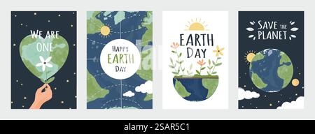 Affiches du jour de la Terre. Enregistrer le concept d'environnement. Cartes de vacances de protection écologie et nature. Planète dessinée à la main dans l'espace étoilé. Carte de dessin animé avec des continents verts et des plantes en croissance. Jeu de bannières vectorielles. Affiches du jour de la Terre. Enregistrer le concept d'environnement. Vacances de protection écologie et nature. Planète dessinée à la main dans l'espace. Carte de dessin animé avec des continents verts et des plantes en croissance. Jeu de bannières vectorielles Illustration de Vecteur