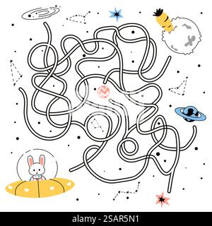 Jeu de labyrinthe. Doodle chemin enchevêtré de lapin mignon volant dans l'espace à la planète extraterrestre. Lièvre de dessin animé drôle dans le vaisseau spatial à la recherche de carotte. Défi pour les enfants d'âge préscolaire. Maquette vectorielle de livre de coloriage. Jeu de labyrinthe. Doodle chemin enchevêtré de lapin volant dans l'espace à la planète extraterrestre. Lièvre de dessin animé drôle dans le vaisseau spatial à la recherche de carotte. Défi pour les enfants d'âge préscolaire. Livre de coloriage vectoriel Illustration de Vecteur
