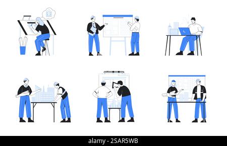 Ingénieur architecte. Les ouvriers de la construction avec les constructeurs et les entrepreneurs travaillent sur le plan de construction. Dessins animés hommes ou femmes faisant des dessins architecturaux et des modèles. Profession d'ingénieur professionnel de vecteur. Ingénieur architecte. Les ouvriers de la construction avec les constructeurs et les entrepreneurs travaillent sur le plan de construction. Des gens qui font des dessins architecturaux et des maquettes. Profession d'ingénieur professionnel de vecteur Illustration de Vecteur