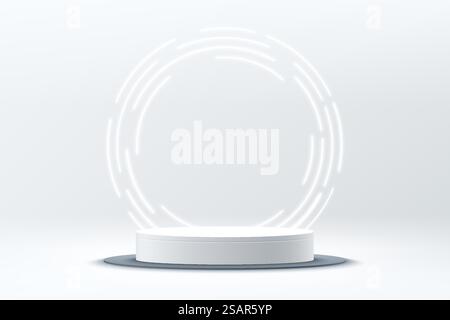 Podium cylindrique abstrait brillant argenté. Concept de salle vide blanche SCI-fi avec éclairage au néon circulaire. Rendu vectoriel de la forme 3D, présentation de l'affichage du produit. Scène murale futuriste. Illustration de Vecteur