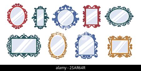 Doodle rétroviseurs rétro. Surfaces réfléchissantes vintage avec bordures bouclées décoratives. Élégantes formes tendance dessinées à la main. Décoration intérieure baroque carrée et ronde colorée. Ensemble de cadres contemporains vectoriels. Doodle rétroviseurs rétro. Surfaces réfléchissantes vintage avec bordures bouclées décoratives. Formes élégantes dessinées à la main. Décoration intérieure baroque carrée et ronde. Ensemble de cadres contemporains vectoriels Illustration de Vecteur