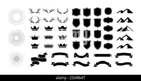 Icônes noires. Couronnes et boucliers silhouettes. Rubans courbes vierges ou étiquettes. Contours de sommets de montagnes. Trophées de chasse aux bois. Le voyant de ligne clignote. Explosion et feux d'artifice. Ensemble de modèles d'emblèmes vectoriels. Icônes noires. Couronnes et boucliers silhouettes. Rubans ou étiquettes vierges. Contours de sommets de montagnes. Trophées de chasse aux bois. Flash lumineux. Explosion et feux d'artifice. Ensemble de modèles d'emblèmes vectoriels Illustration de Vecteur