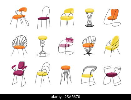 Chaises. Mobilier intérieur de dessin animé pour s'asseoir. Tabourets de bar modèles avec sièges doux confortables et lumineux. Fauteuils confortables dossier et accoudoirs. Éléments isolés pour l'ameublement de maison ou de bureau, ensemble vectoriel. Chaises. Mobilier intérieur de dessin animé pour s'asseoir. Tabourets modèles avec sièges doux confortables et lumineux. Dossier de fauteuils et accoudoirs. Éléments isolés pour l'ameublement de maison ou de bureau, ensemble vectoriel Illustration de Vecteur