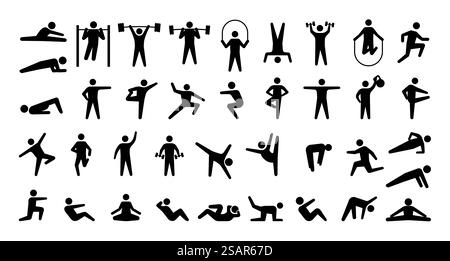 Icônes de sport humain. Silhouettes de personnes de formation. Signes noirs isolés de personnes faisant des exercices de fitness et d'haltérophilie ou pratiquant le yoga. Entraînement d'étirement ou de musculation. Jeu de symboles vectoriels. Icônes de sport humain. Silhouettes de personnes de formation. Signes de personnes faisant des exercices de fitness et d'haltérophilie ou pratiquant le yoga. Entraînement d'étirement ou de musculation. Jeu de symboles vectoriels Illustration de Vecteur