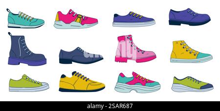 Griffonner des chaussures. Chaussure abstraite simple. Bottes en cuir avec lacets pour hommes et femmes. Baskets sport ou décontractées. Jeu d'accessoires pour pieds unisexes. Collection de chaussures confortables de tous les jours dessinées à la main Vector. Griffonner des chaussures. Chaussure abstraite simple. Bottes avec lacets pour homme et femme. Baskets sport ou décontractées. Jeu d'accessoires pour pieds. Collection de chaussures confortables de tous les jours dessinées à la main Vector Illustration de Vecteur