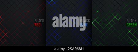 Ensemble de motif carré noir sur fond abstrait rouge brillant, bleu, vert néon dans le style de la technologie. Design moderne futuriste de collection de formes géométriques. Vous pouvez utiliser pour modèle de couverture, affiche. Illustration de Vecteur