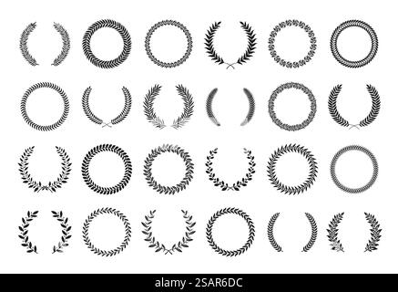 Logo couronne. Branche de Laurel avec des feuilles en bordure de cercle. Cadre grec traditionnel primé. Collection de symboles floraux paix et trophée. Silhouettes végétales noires isolées. Ensemble de signes élégants vectoriels. Logo couronne. Branche de Laurel avec des feuilles en bordure de cercle. Cadre grec traditionnel primé. Collection de symboles de paix et de trophées. Silhouettes végétales noires. Ensemble de signes élégants vectoriels Illustration de Vecteur